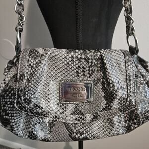 Nicole Miller Purse Patent Snakeskin Print Pattern Chain Accent Strap Zippers LN